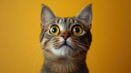 Captivating tabby cat portrait with striking yellow eyes against a vibrant amber background in a close up shot creating a curious and engaging mood