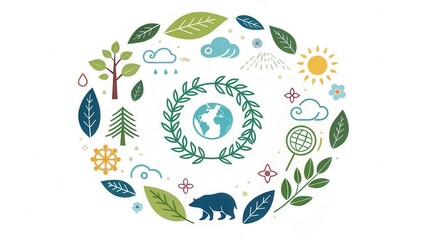 Fototapeta premium Environmental awareness day concept. Illustration depicting nature and the Earth surrounded by leaves and elements of the environment.