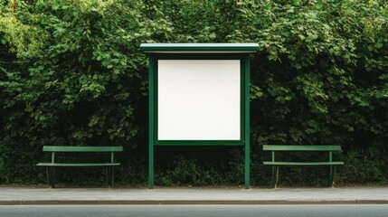 Empty advertisement space at a bus stop surrounded by lush greenery with two green benches under a bright day sky, perfect for urban planning visuals.