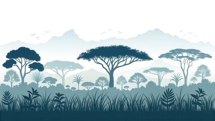 Environmental awareness day concept. Stylized landscape with mountains and diverse trees in cool tones.