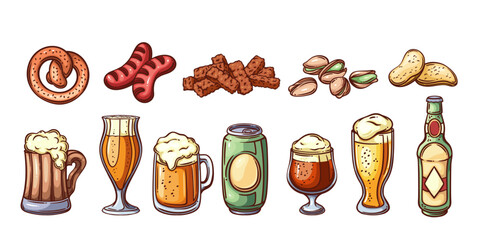 Beer pub or bar menu line icons set. Outline hand drawn beer glass bottle and mug, stein and aluminum can with salty snacks. Oktoberfest mascots, food and drink color icons vector illustration