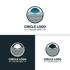 Fototapeta premium Minimalist circle logo featuring a sun and waves, symbolizing tranquility and nature. Perfect for brands related to travel, wellness, or coastal living