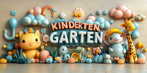 Abstract background. A delightful kindergarten-themed wallpaper featuring playful giraffes, elephants, clouds, rainbows, and flowers in soft pastel tones. Perfect for early childhood education