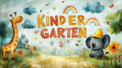 Abstract background. A delightful kindergarten-themed wallpaper featuring playful giraffes, elephants, clouds, rainbows, and flowers in soft pastel tones. Perfect for early childhood education