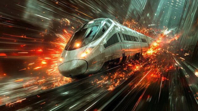 A high-speed train derailing due to an earthquake, sparks flying, action-packed 
