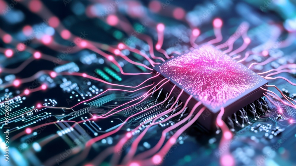 Poster close up view of a computer processor with pink neural network like structures, integrated into a ci