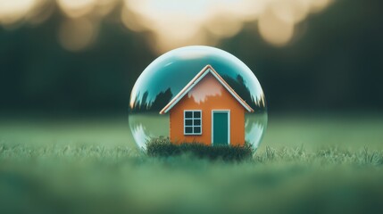 A Colorful House Encased in a Transparent Sphere, Symbolizing Protection and Safety in a Green Outdoor Setting Under Soft Light Conditions