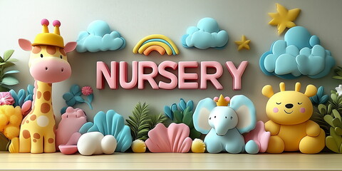 Abstract background. A charming nursery-themed wallpaper featuring playful giraffes, elephants, colorful clouds, rainbows, and flowers in soft pastel tones. Cheerful and warm atmosphere for baby rooms