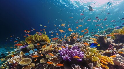 A massive coral reef teeming with exotic fish, sea turtles, and vibrant underwater plants