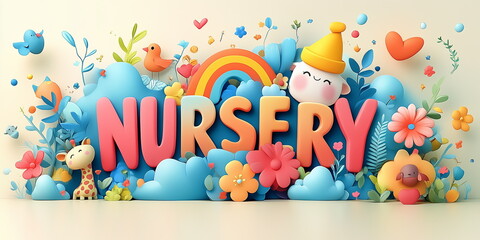 Abstract background. A charming nursery-themed wallpaper featuring playful giraffes, elephants, colorful clouds, rainbows, and flowers in soft pastel tones. Cheerful and warm atmosphere for baby rooms