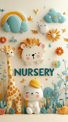 Abstract background. A charming nursery-themed wallpaper featuring playful giraffes, elephants, colorful clouds, rainbows, and flowers in soft pastel tones. Cheerful and warm atmosphere for baby rooms
