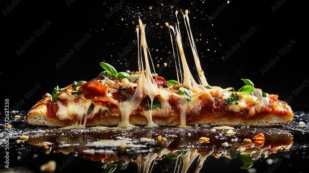 Poster Delicious pizza slice with gooey cheese and vibrant toppings captured in high-speed photography against a dynamic background