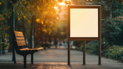 Tranquil Park Scene with Empty Advertising Board and Wooden Bench Surrounded by Green Trees and Warm Sunset Glow in a Lush Urban Environment