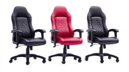 Three office chairs in black and red leatherette upholstery, showcasing diamond tufted detailing and five star bases, set against a white background.