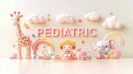 Abstract background. A cute pediatric-themed wallpaper with playful giraffes, elephants, colorful clouds, rainbows, and flowers in soft pastel tones. Cheerful design for hospital decor.