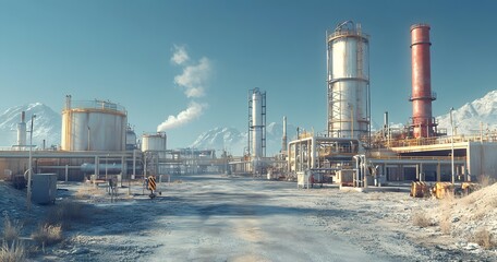 Obraz premium A large industrial complex situated in a mountainous cold environment