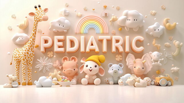 Abstract background. A cute pediatric-themed wallpaper with playful giraffes, elephants, colorful clouds, rainbows, and flowers in soft pastel tones. Cheerful design for hospital decor.