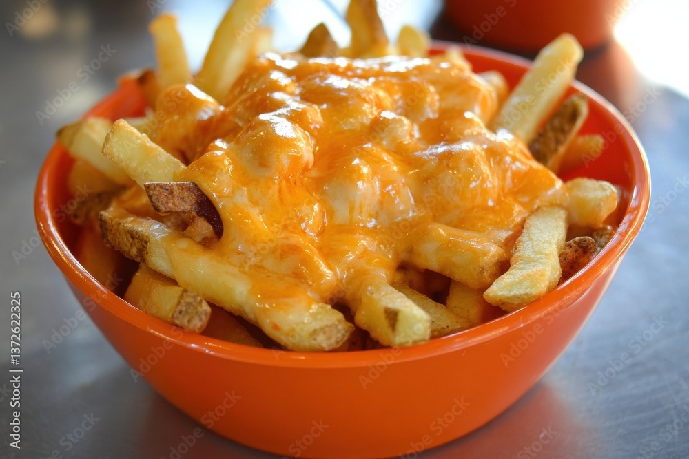 Poster crispy fries generously topped with melted cheese sauce in an orange container for a delightful snac
