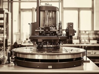 Capture a historical seismograph machine, old laboratory setting, sepia-toned vintage photography with rich textures