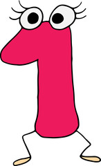 funny red number one drawn with black lines in grunge style with eyes with eyelashes and legs
