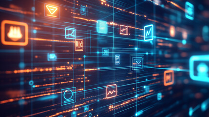 Obraz premium Floating media icons in vibrant digital space, symbolizing connectivity and innovation in a dynamic world.