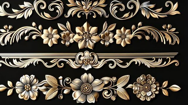 Elegant Gold Floral 3D Ornaments: Baroque Style Design Elements