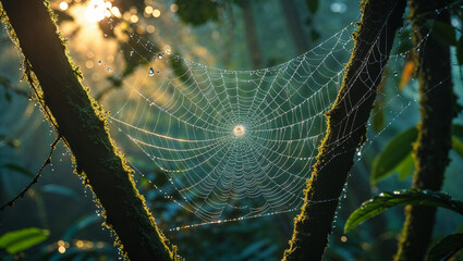 A dew-kissed spiderweb shimmering at sunrise, delicately strung between mossy branches in a mystical forest.