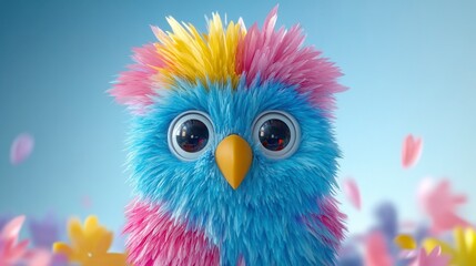 Fototapeta premium Cute fluffy chick with colorful feathers and big eyes, surrounded by pastel hearts and flowers. Light blue background. 3D rendering.