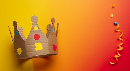 Cardboard Crown Party Decor - A handmade cardboard crown with colorful decorations sits on a vibrant yellow and orange background, alongside party streamers