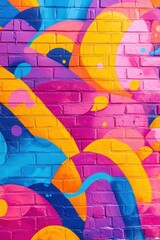 Fototapeta premium Vibrant brick wall artistry featuring dynamic curves and circles in yellow blue purple and orange creating an urban abstract background