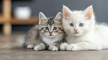Two adorable kittens, one grey tabby and one fluffy white, cuddle together on a wooden floor. Soft, natural light illuminates the scene.