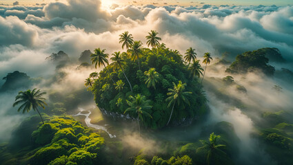 Fototapeta premium A mystical island paradise veiled in morning mist, a hidden sanctuary of lush palms and vibrant green, bathed in golden sunrise light.