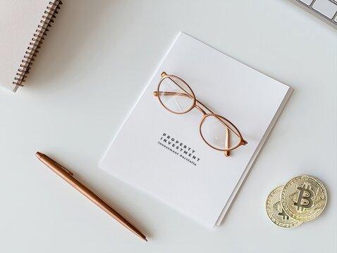 Investment Strategies for Cryptocurrency Office Desk Financial Insights Minimalist Environment Overhead View Modern Concepts