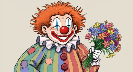 Drawn April Fools Clown Holding Flowers Illustration - A cheerful cartoon clown, drawn in a whimsical , holds a vibrant bouquet of flowers. The symbolizes joy, laughter, silliness, spring