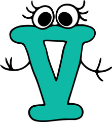 funny roman green numeral five with eyes with eyelashes looking at camera with arms outstretched hand drawn with black lines in grunge style