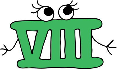 funny roman green numeral eight with eyes with eyelashes surprisedly spread its arms to the sides hand drawn with black lines in grunge style