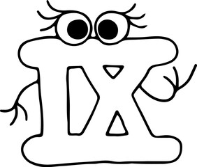 funny roman numeral nine with eyes with eyelashes looks at camera in surprise raising one hand drawn by hand with black lines in grunge style