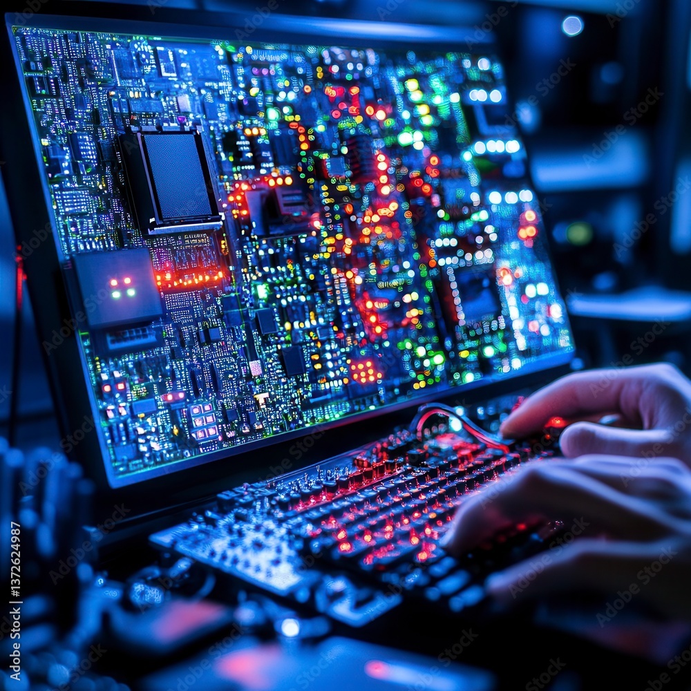 Poster close up of hands interacting with a computer displaying a detailed circuit board. blue and red ligh