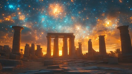 Fototapeta premium Mysterious Ancient Columns Illuminated Vibrant Nebula Sky Sunset Golden Horizon Photo