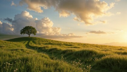 Obraz premium Lone Tree on Green Hill at Sunset