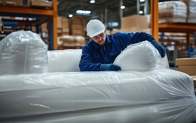Focused worker meticulously wraps a white sofa in protective plastic film within a warehouse setting. Efficiency and care are evident.