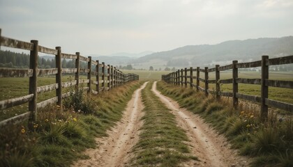 Obraz premium Dirt Country Road with Wooden Fence to Misty Mountains