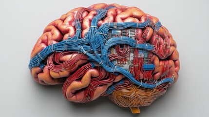 Human Brain with Circuitry on Gray Background