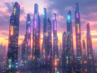 Naklejka premium Illustrate a futuristic sci-fi cityscape at dusk, towering skyscrapers emitting neon lights, in a digital painting with a sleek and glossy finish