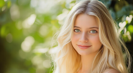 Fototapeta premium A portrait of an adorable young girl with long blonde hair and green eyes, smiling at the camera. 