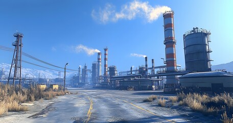 Obraz premium An industrial plant complex with pipes and smoke emissions in daylight