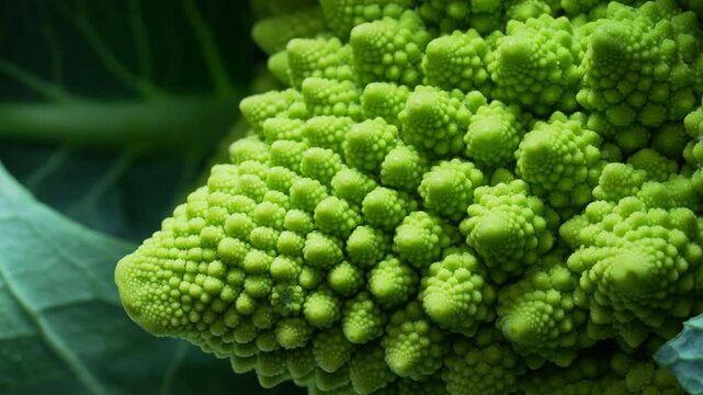 Romanesco broccoli head macro view. Green cabbage, close-up, fibonacci sequence.