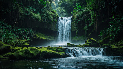 Obraz premium Serene jungle waterfall cascading into a mossy pool, a hidden oasis of tranquility in lush green foliage under soft dappled light.