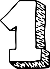 3D number one with shadow in the form of strokes hand drawn with black lines in grunge style