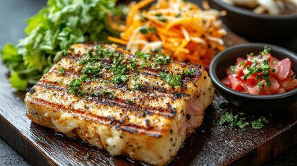 Grilled swordfish steak served with fresh salad carrot slaw and tomato relish on a wooden board gourmet cuisine